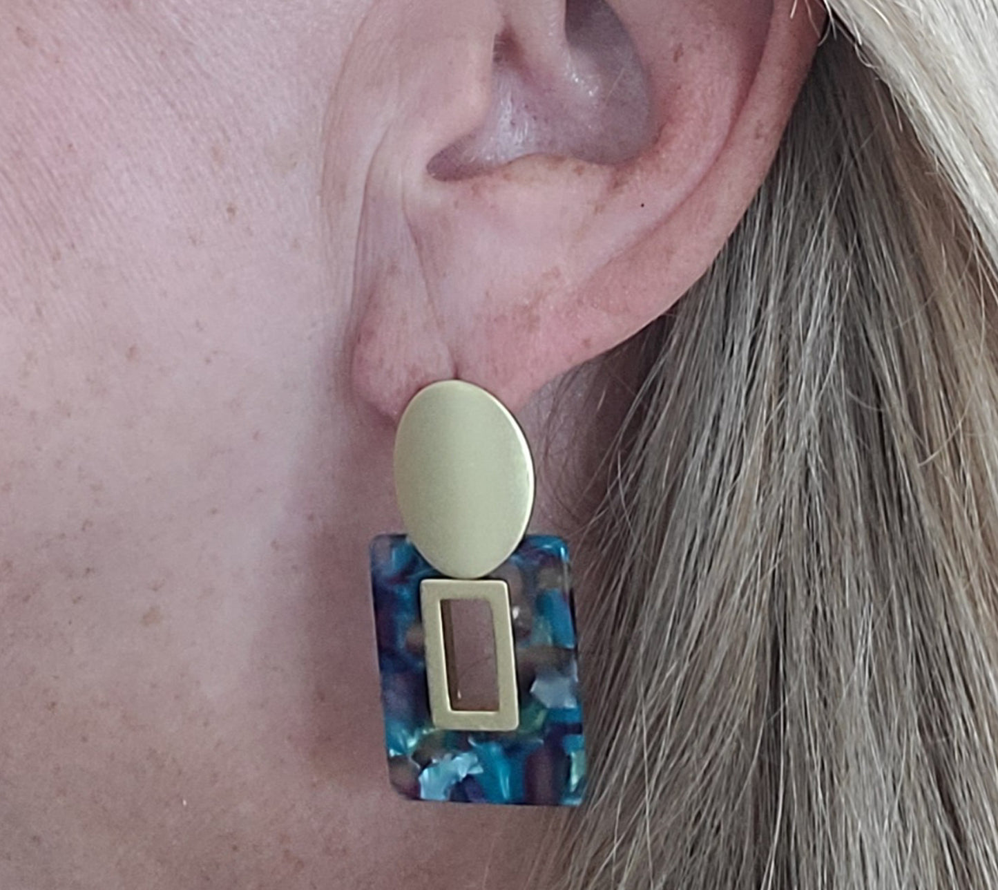 Open Square Earrings, 18K Gold Plated, Peacock Colors