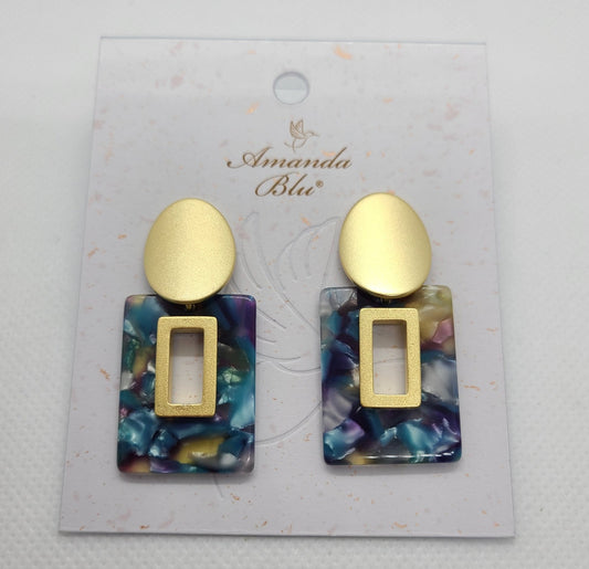 Open Square Earrings, 18K Gold Plated, Peacock Colors