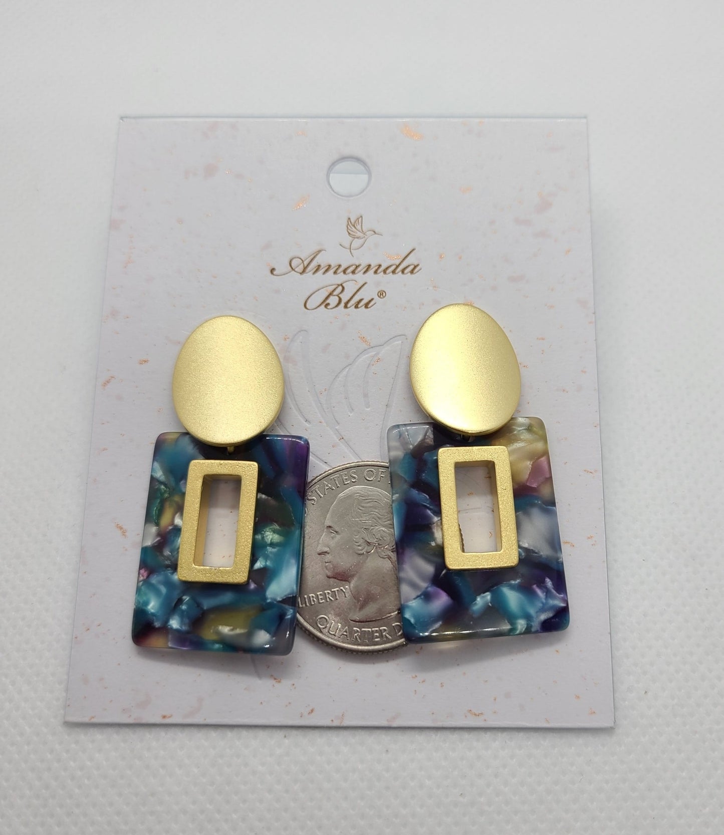 Open Square Earrings, 18K Gold Plated, Peacock Colors
