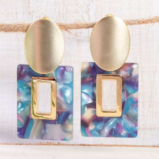 New! Lightweight earrings are made of Acetate and 18K Gold Plating over Sterling Silver and Surgical Steel posts. Oval stud. Beautiful shades of blue, turquoise, purple and green in an open square design. Handmade so no two are like. The first photo is a stock picture, the others are of the actual earring for sale. Approximate length: From stud about 1.25 inches. 1.5 inches overall.