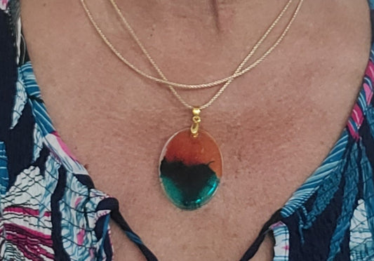 Oval Pendant and Necklace, Resin Sunset Scene