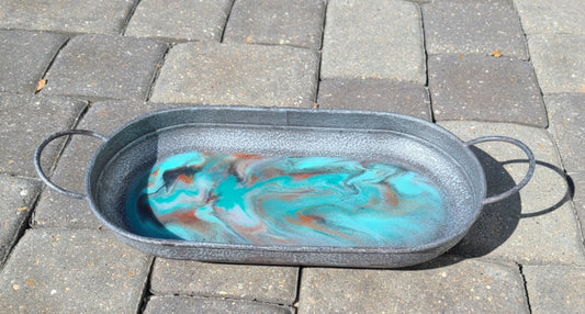 Oval Metal Tray With Resin, Pewter Look Tray