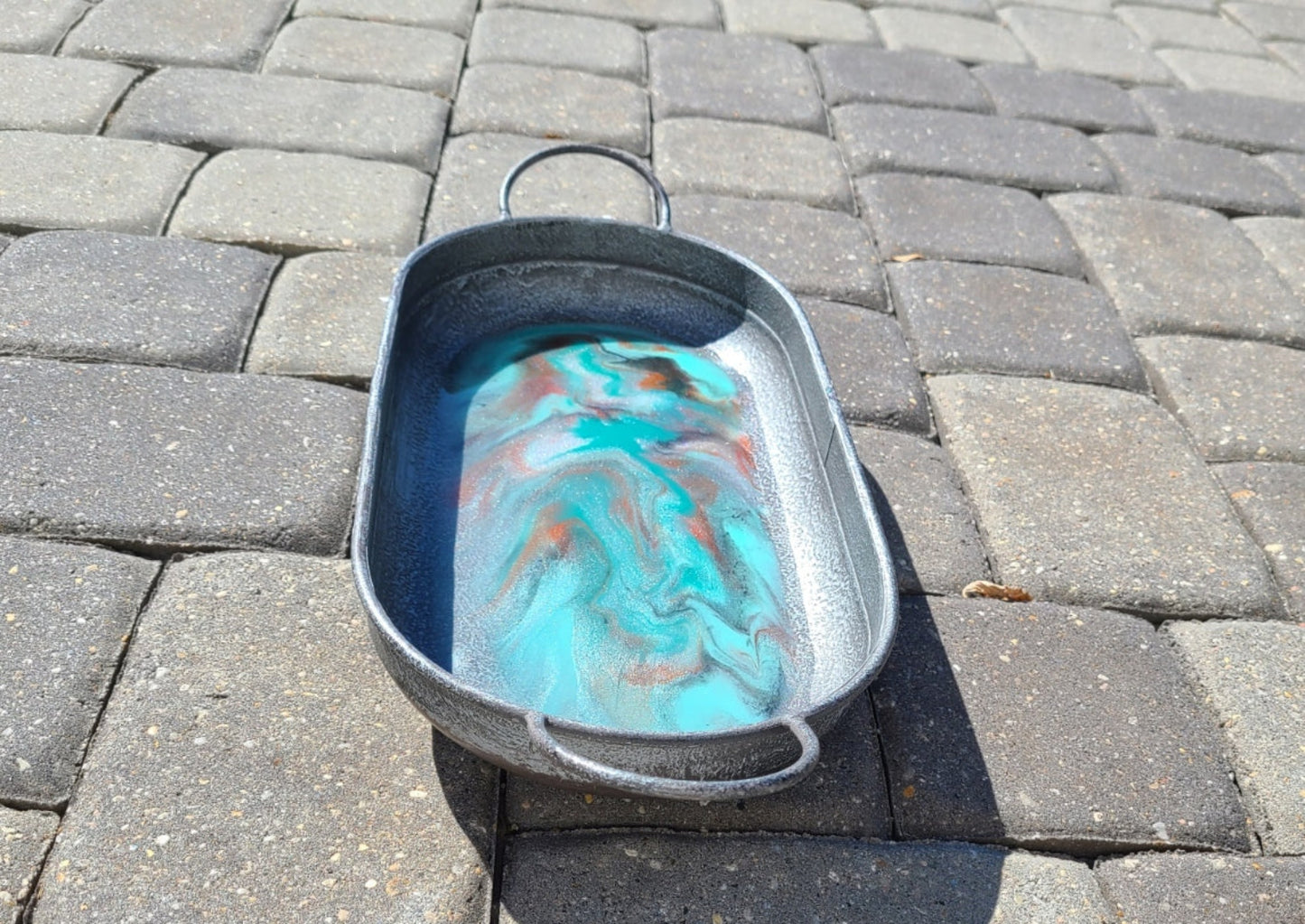 Oval Metal Tray With Resin, Pewter Look Tray