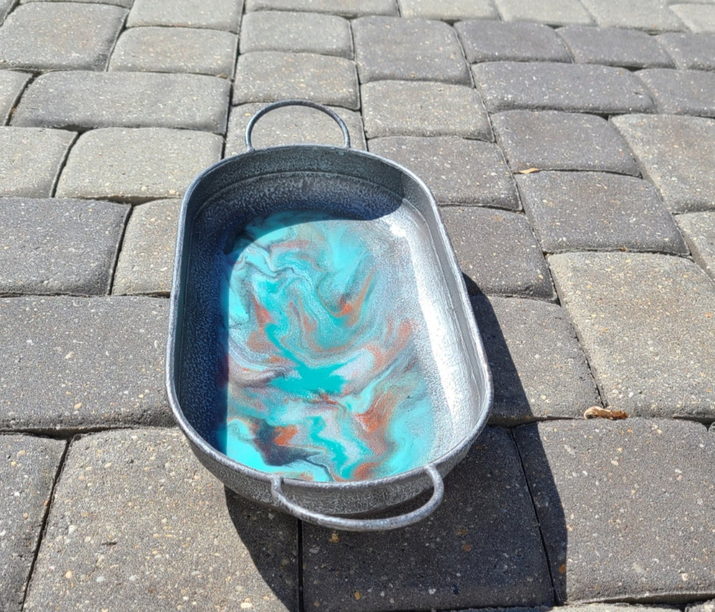 Oval Metal Tray With Resin, Pewter Look Tray