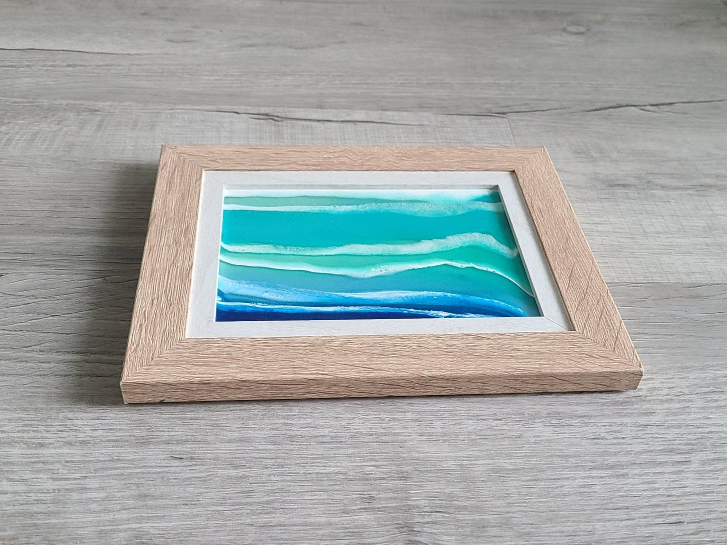 Ocean Theme Scene on Glass, Wood Grain Frame