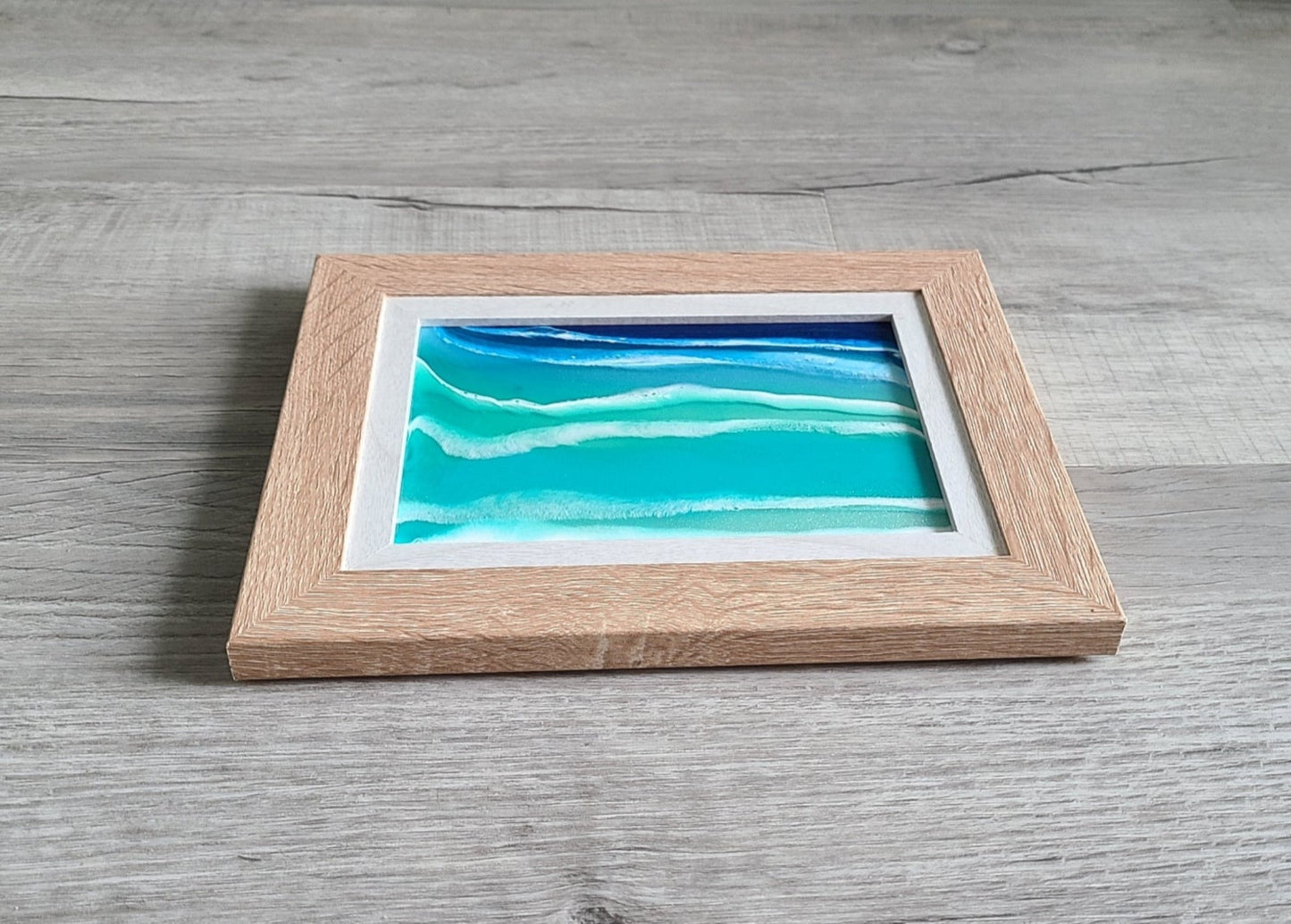 Ocean Theme Scene on Glass, Wood Grain Frame
