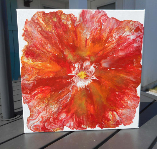 12 x 12 inch canvas. Large Poppy Flower covers the whole canvas. Various colors of orange, white and yellow burst through to give a multi-dimensional look. Center is white and yellow. 1 inch width allows this piece to either sit on a table or shelf or hang on the wall. Can be signed by me on the back if you request it.