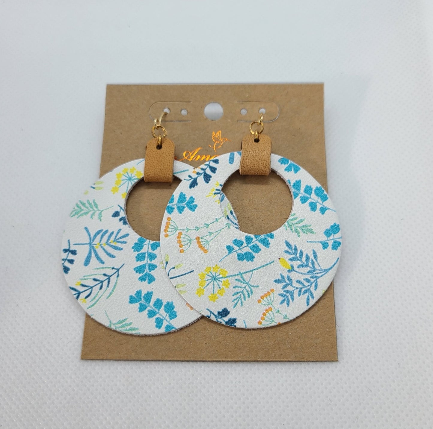 Printed Leather Hoop Earrings-Aqua Floral