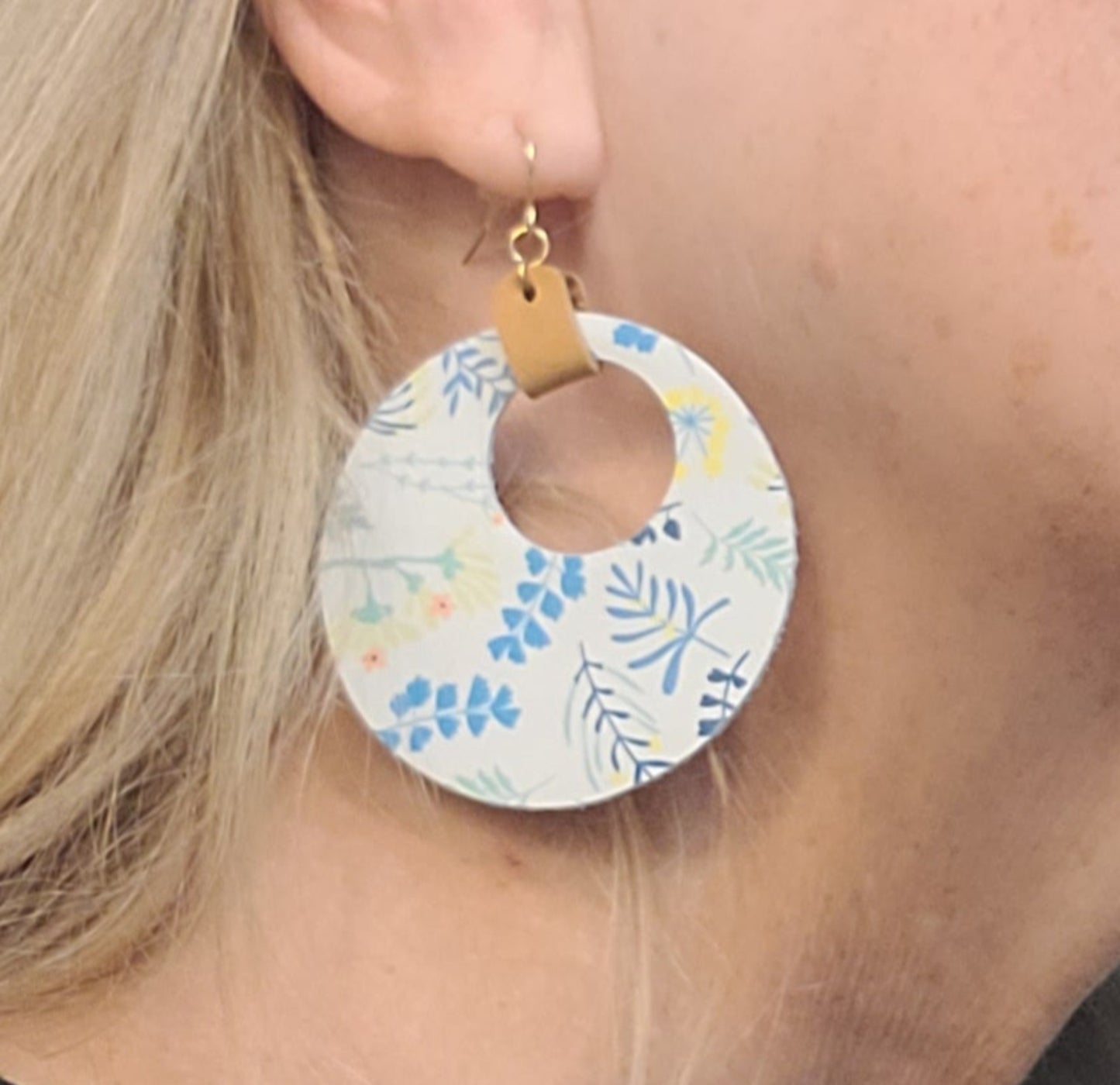 Printed Leather Hoop Earrings-Aqua Floral
