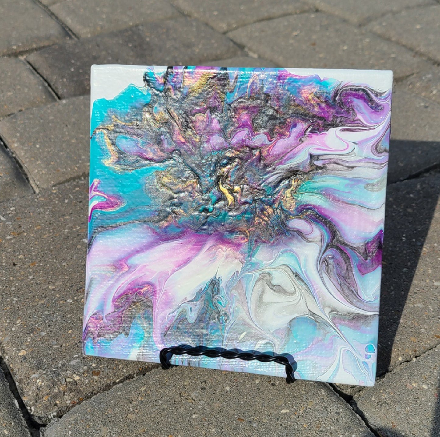 Purple and Turquoise Frilly Bloom, 6x6 Art Panel With Easel