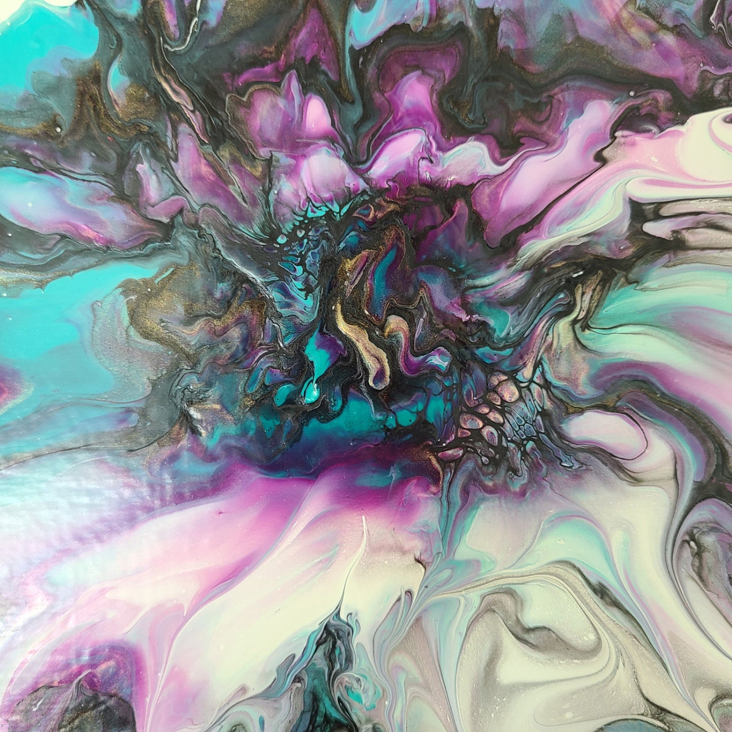 Purple and Turquoise Frilly Bloom, 6x6 Art Panel With Easel