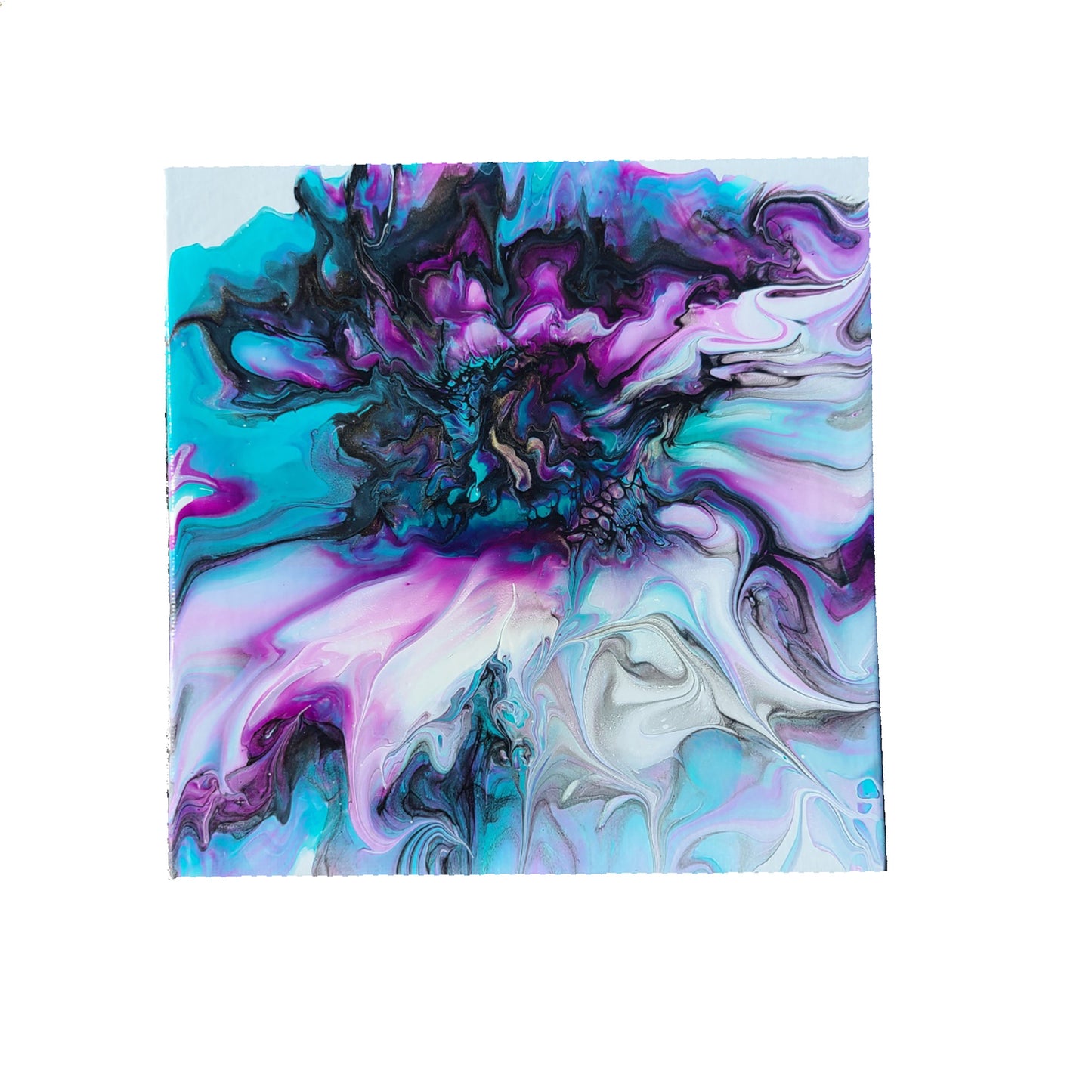 Purple and Turquoise Frilly Bloom, 6x6 Art Panel With Easel