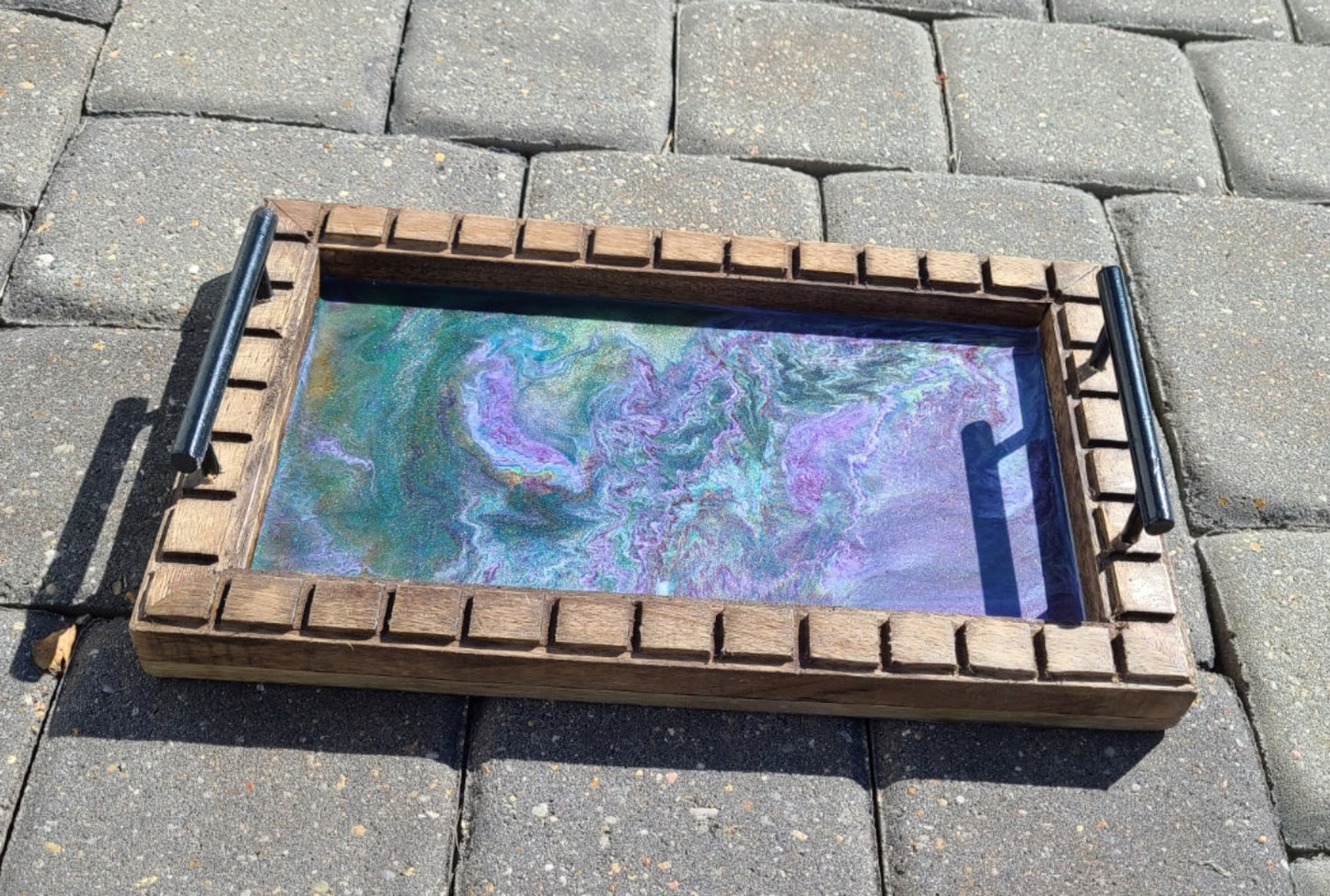 Small Rectangular Wood Serving or Trinket Tray, Purple and Green Resin