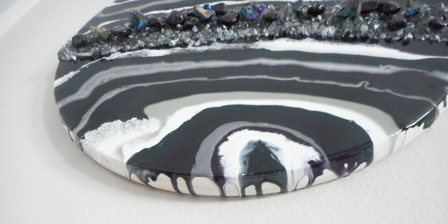Resin Geode on 18 Inch Round Wood, Purple, Silver, White, Gray