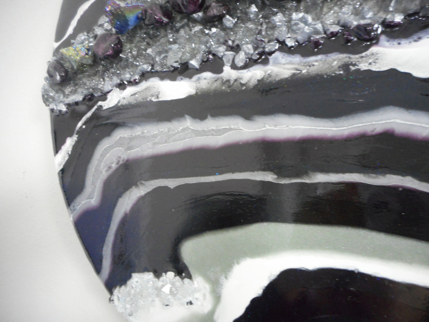 Resin Geode on 18 Inch Round Wood, Purple, Silver, White, Gray