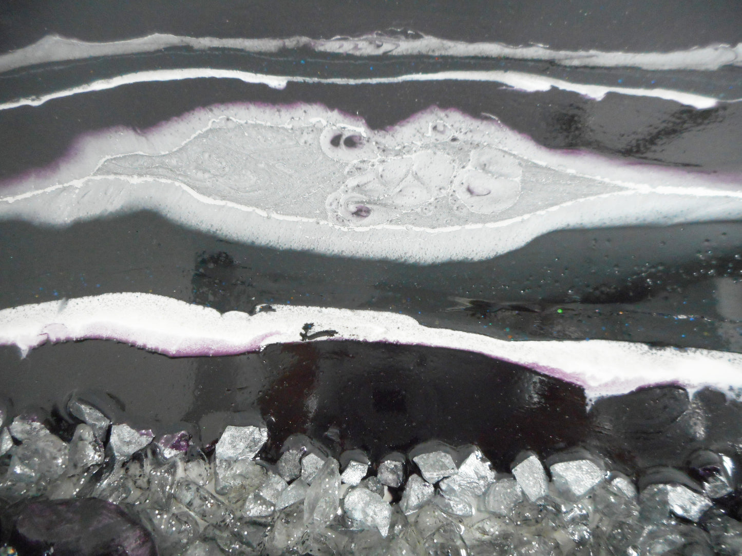 Resin Geode on 18 Inch Round Wood, Purple, Silver, White, Gray