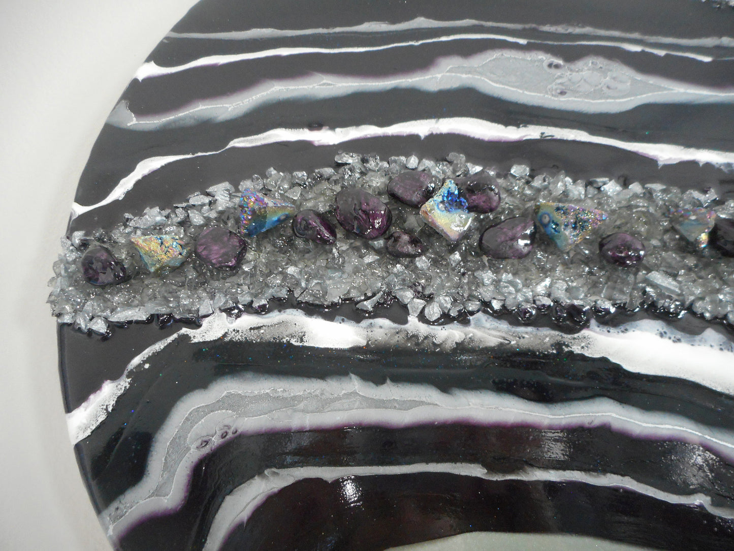 Resin Geode on 18 Inch Round Wood, Purple, Silver, White, Gray