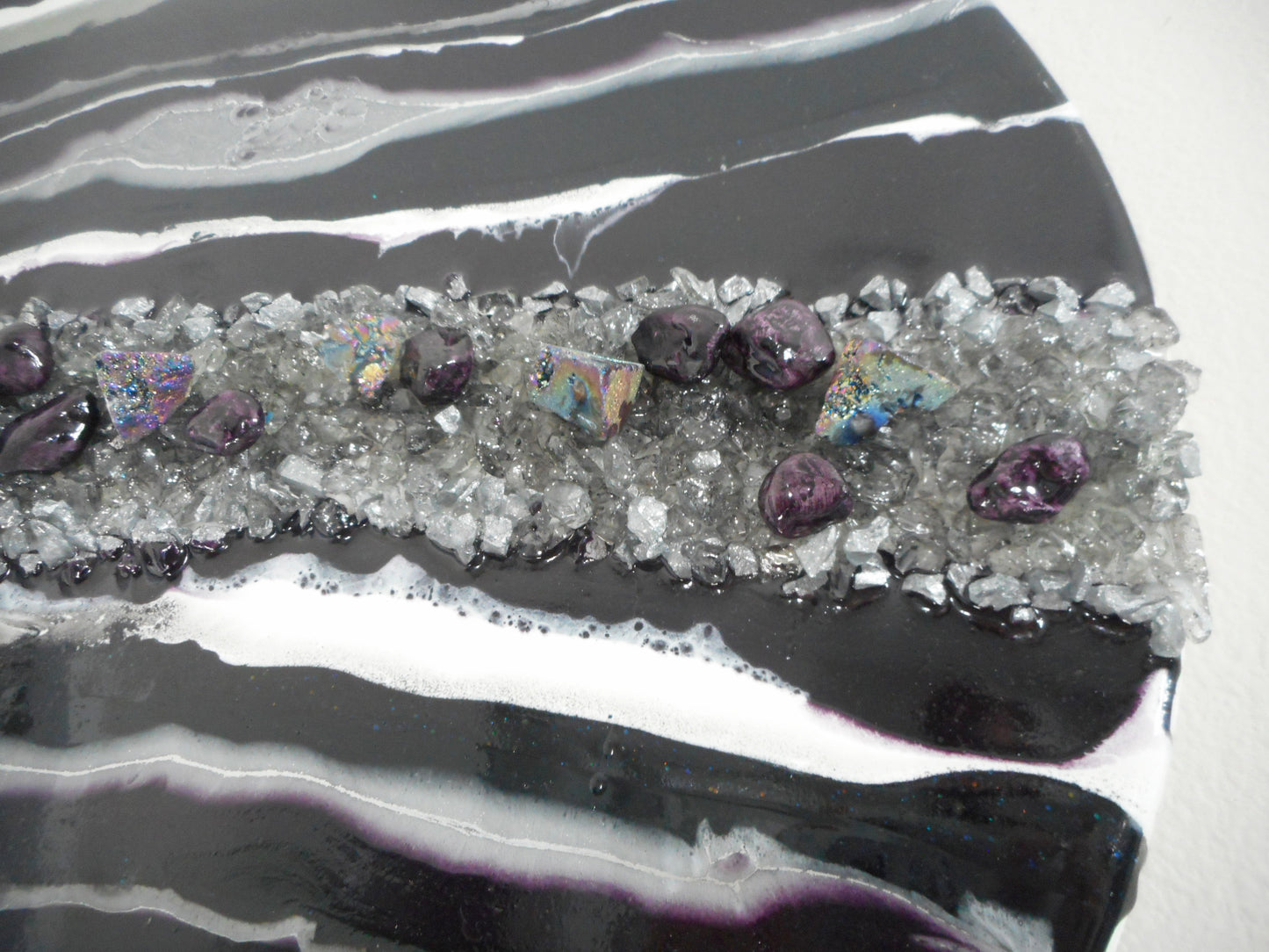 Resin Geode on 18 Inch Round Wood, Purple, Silver, White, Gray