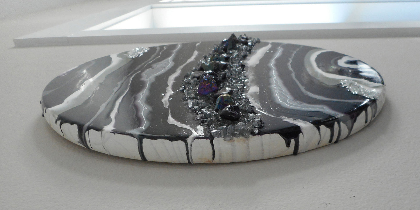 Resin Geode on 18 Inch Round Wood, Purple, Silver, White, Gray
