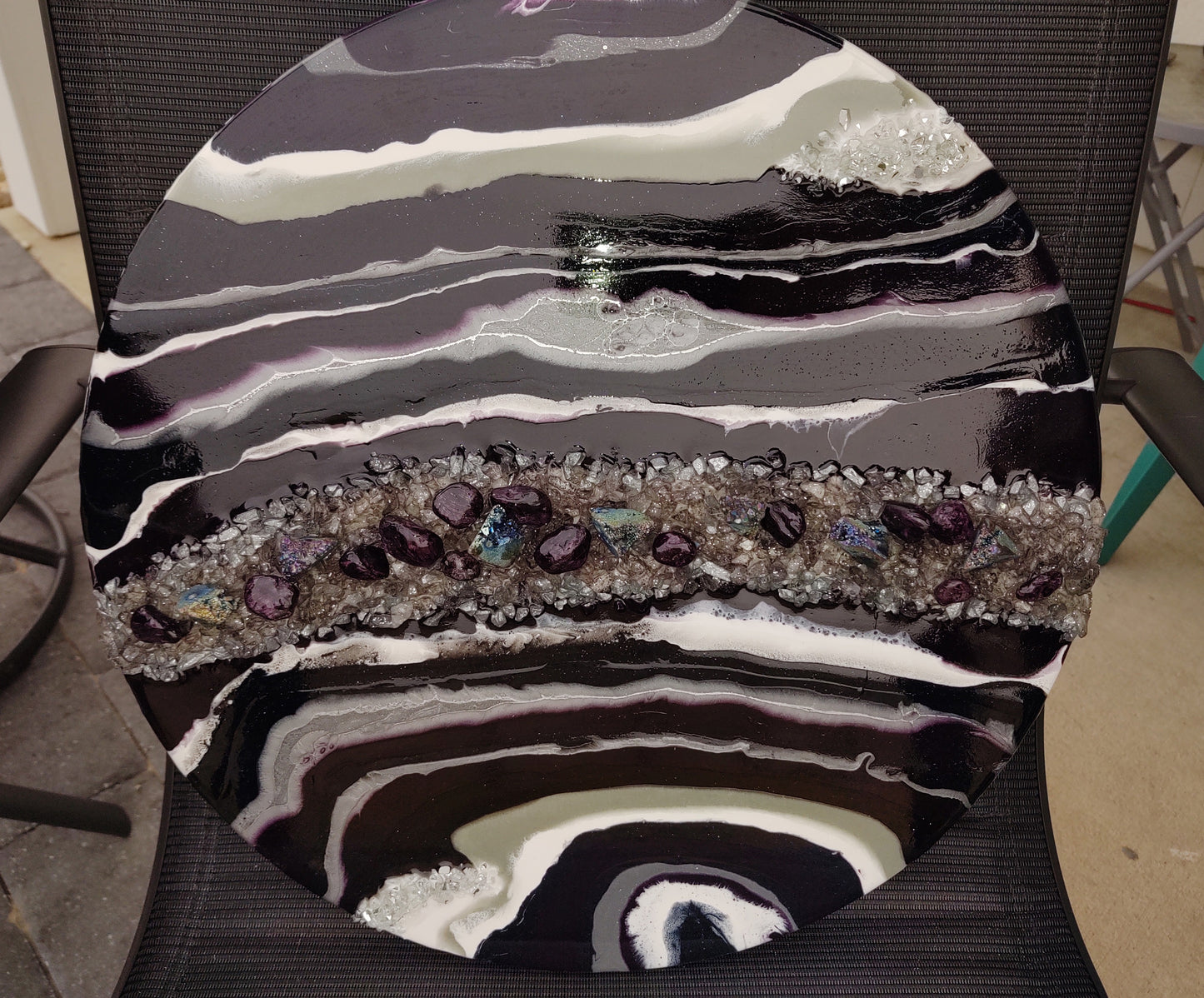 Resin Geode on 18 Inch Round Wood, Purple, Silver, White, Gray