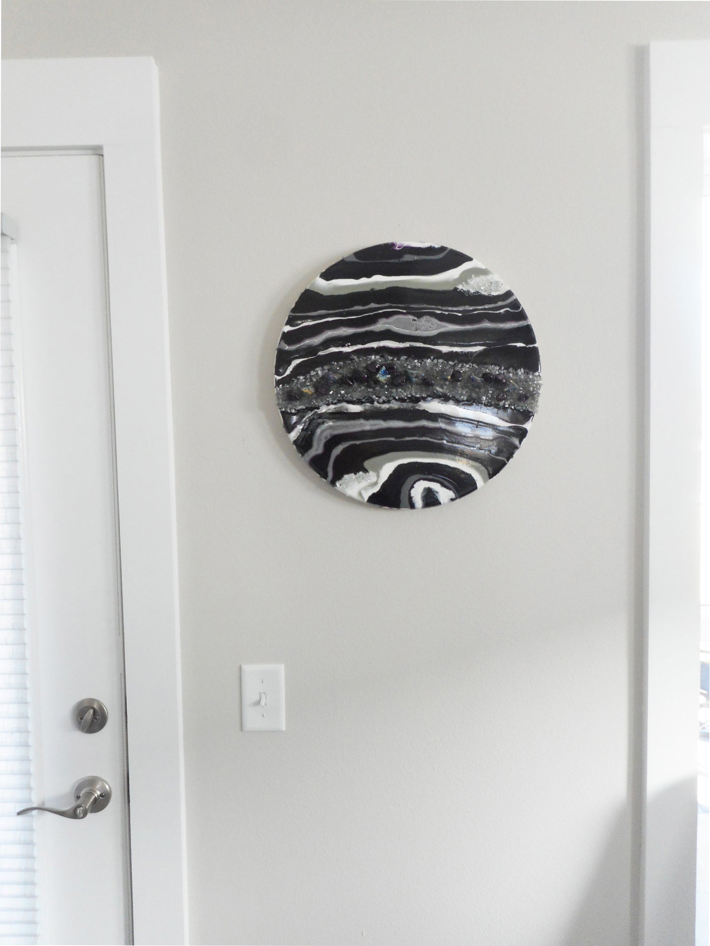 Resin Geode on 18 Inch Round Wood, Purple, Silver, White, Gray