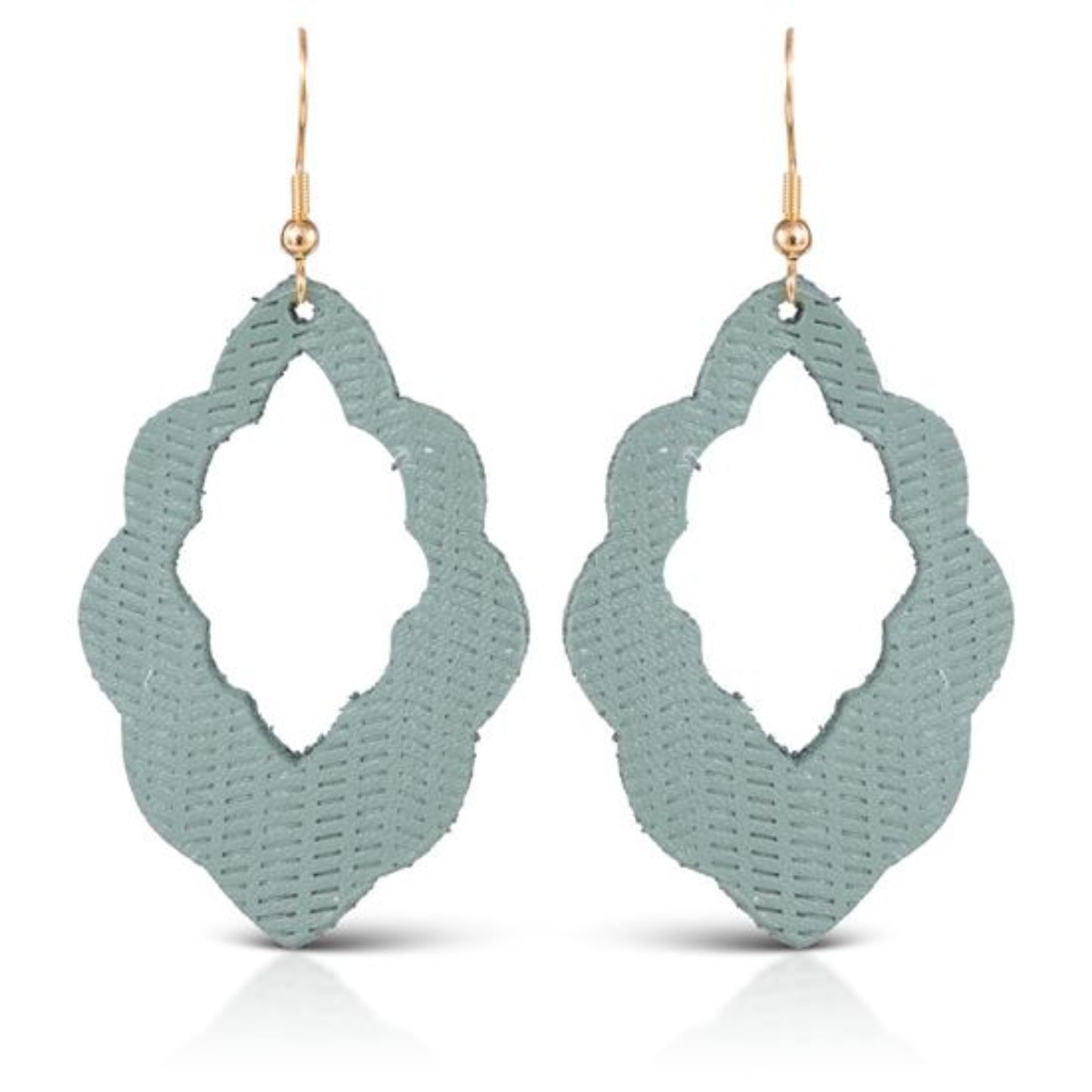 New on earring card. Lightweight leather earrings. Hooks are surgical steel with gold plating. Open Petal Design with texture Sage Approximate measurements: 2.75 inches long