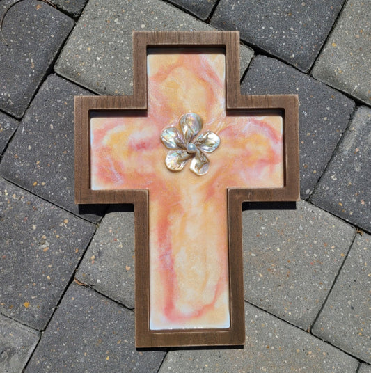 These colors remind me of delicious creamy sherbet: oranges, pinks, gold and white resin. In the Center, I placed abalone shells and a pearl Wood MDF cross with saw tooth hanger on the back Approximate size: 14.25 x 10 inches