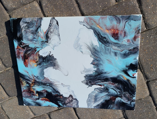 Abstract Art on Canvas Wall Art. Acrylic Painting Smokey blue, black and gray waves roll over copper lava Do you see the Platypus and possibly a buffalo? 20 x 16 x .75 inches