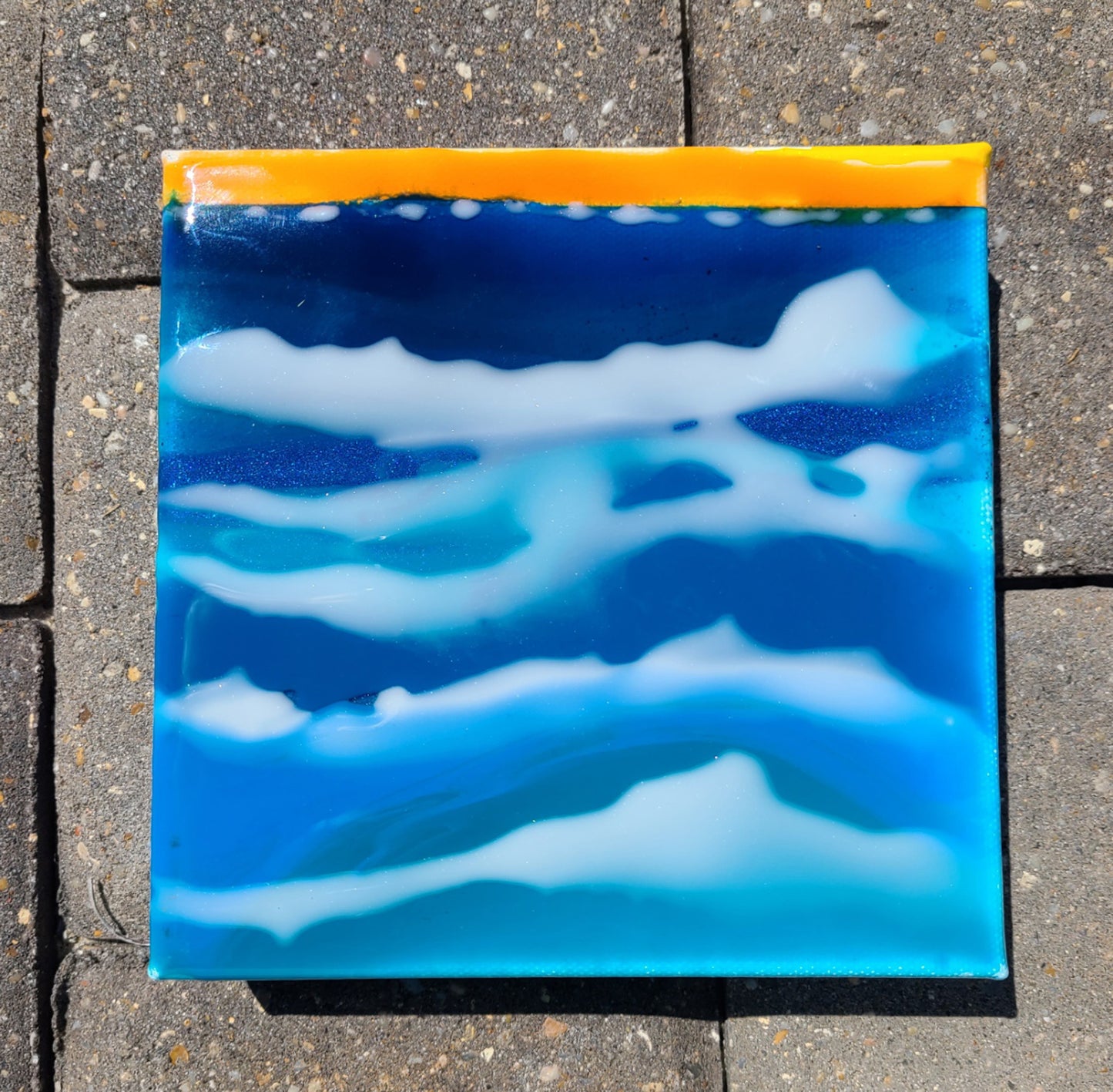 Small 6x6 Canvas and Resin Art, Sunset Over The Ocean