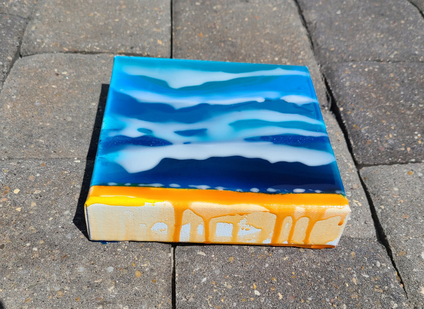 Small 6x6 Canvas and Resin Art, Sunset Over The Ocean