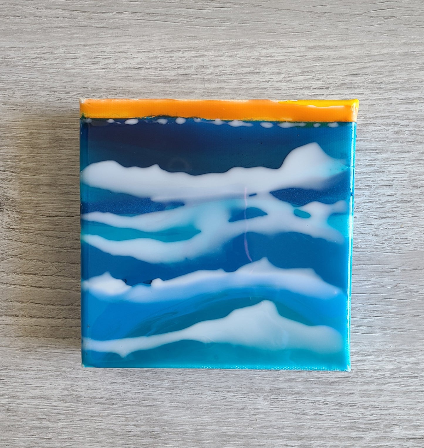 Small 6x6 Canvas and Resin Art, Sunset Over The Ocean
