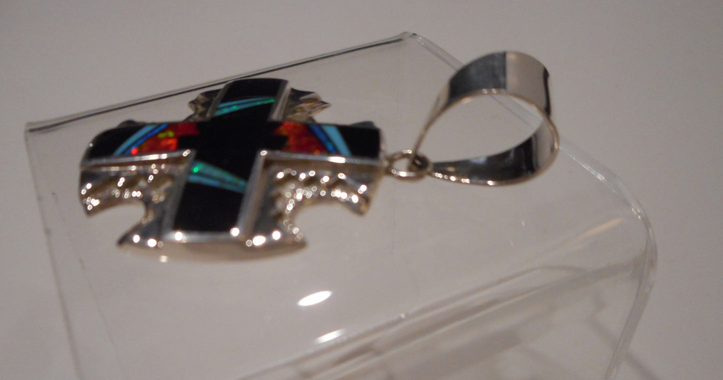 Inlay Unisex Cross Pendant, Onyx, Opal, Turquoise