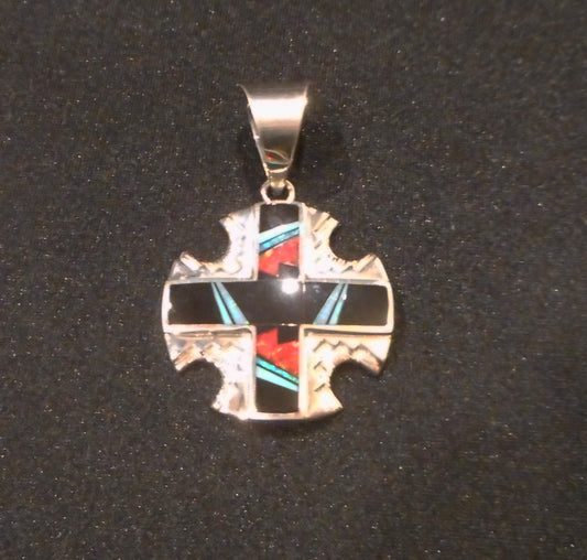 Inlay Unisex Cross Pendant, Onyx, Opal, Turquoise