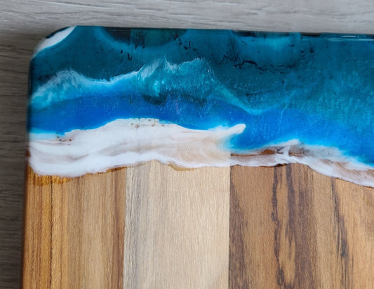 Teak Cutting Board With Resin Ocean Scene, Striking Colors