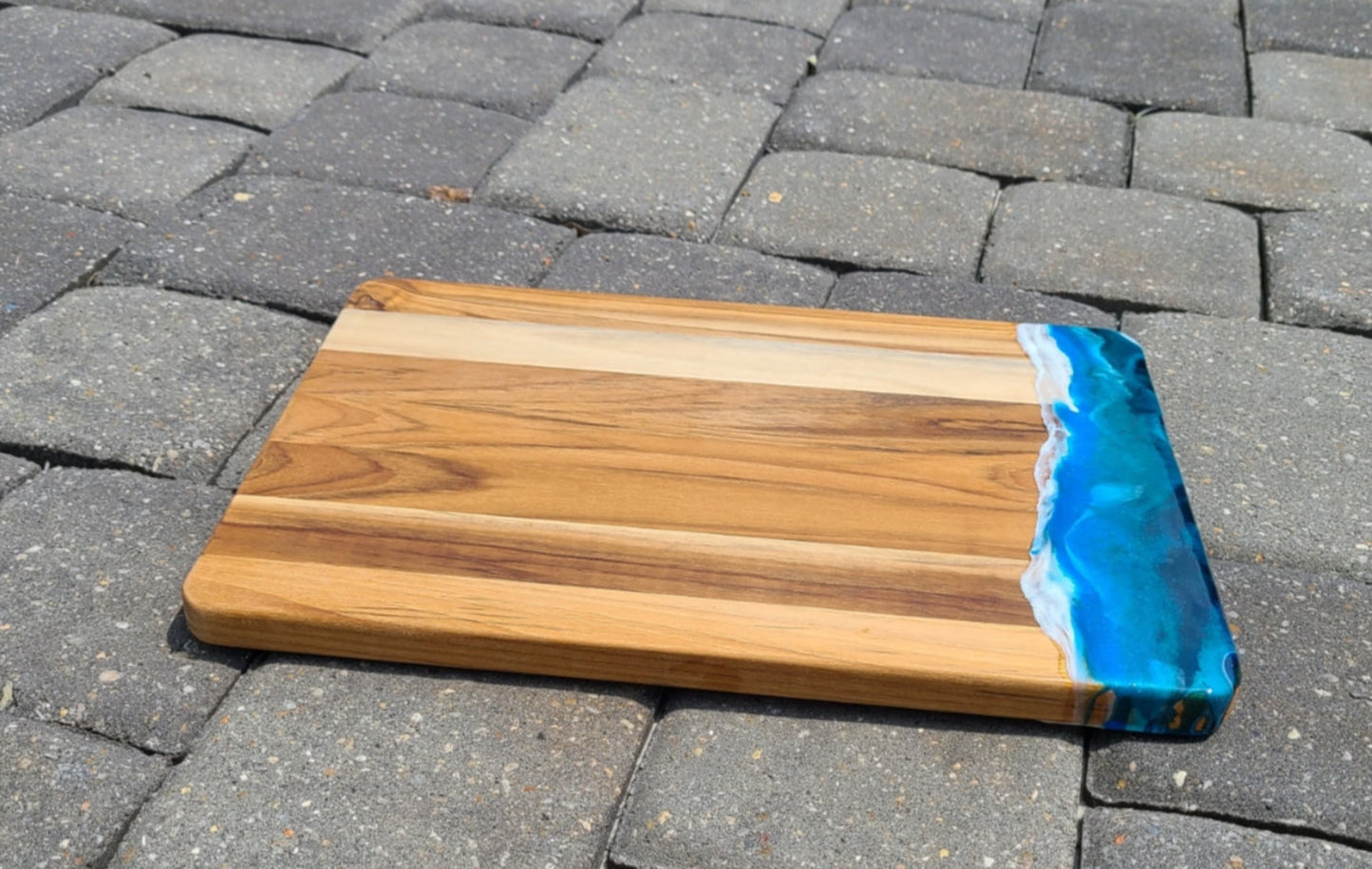 Teak Cutting Board With Resin Ocean Scene, Striking Colors