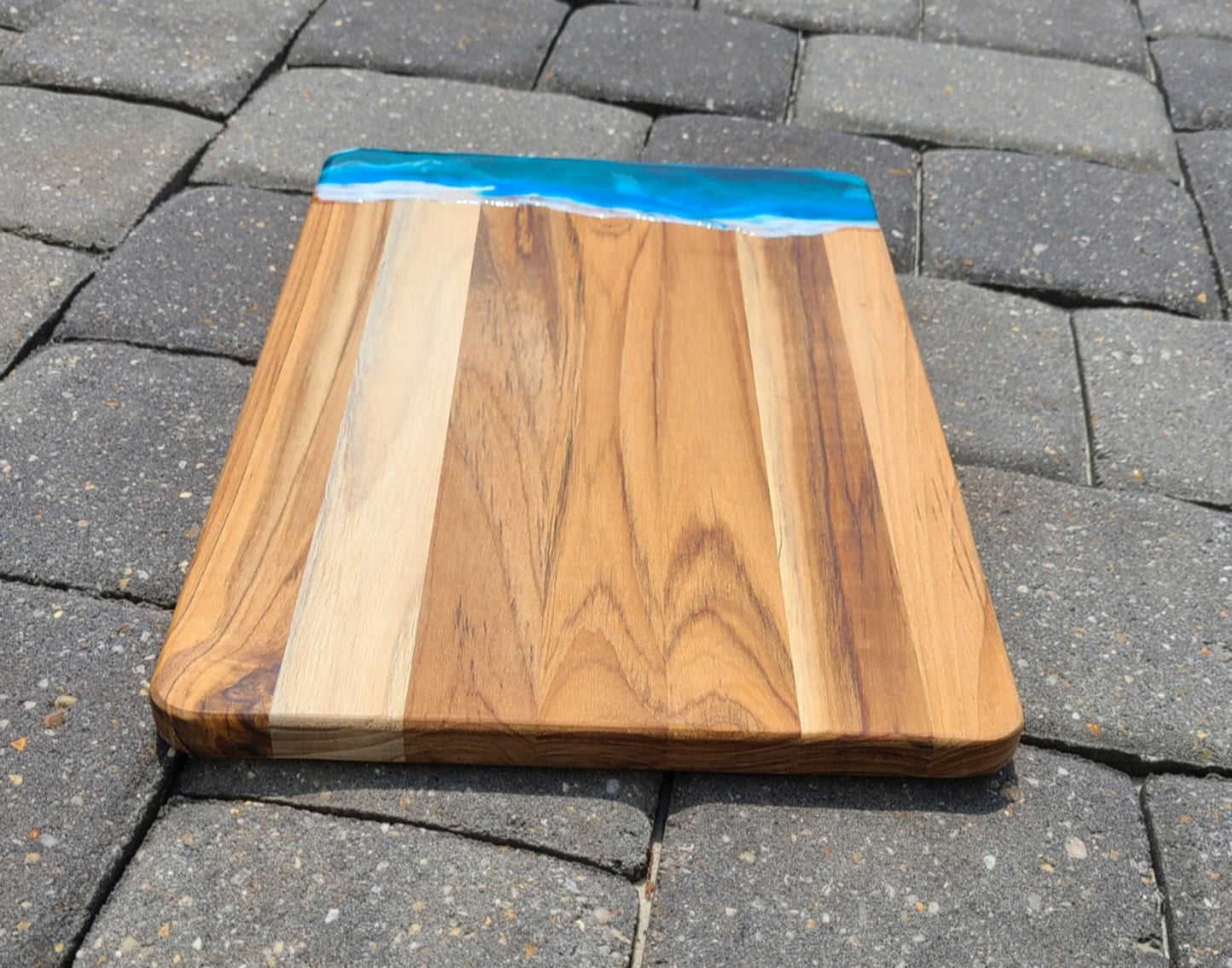 Teak Cutting Board With Resin Ocean Scene, Striking Colors