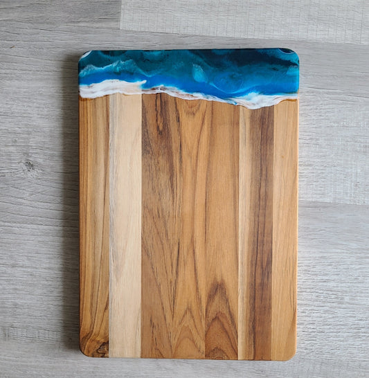 Teak Cutting Board With Resin Ocean Scene, Striking Colors