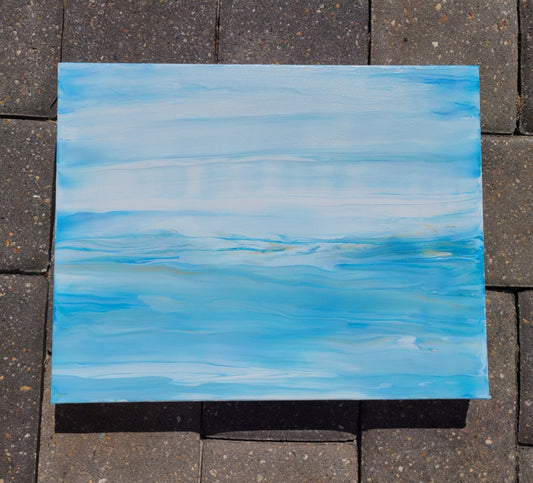 I call this painting Tranquility because it makes me feel so calm when I look at it. Calm Seas and Blue Skies. Thick Canvas Can easily hang or sit on a shelf Approximate size: 14 x 11 x 1.5
