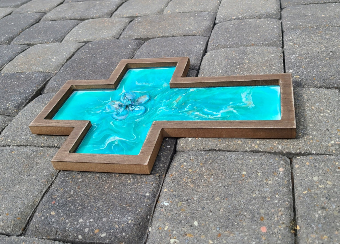 Turquoise and Teal Wall Cross, Wood and Resin