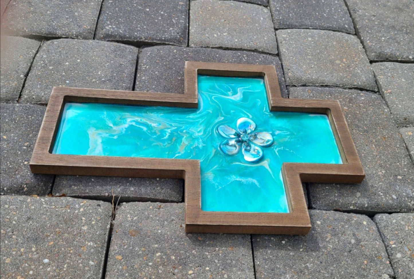 Turquoise and Teal Wall Cross, Wood and Resin