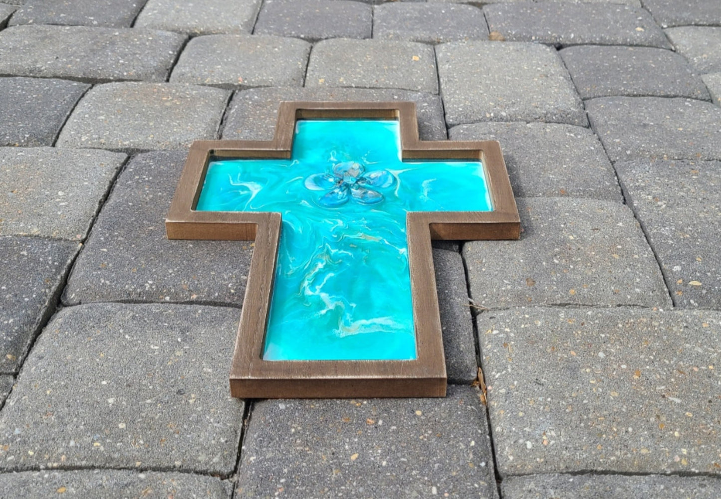 Turquoise and Teal Wall Cross, Wood and Resin