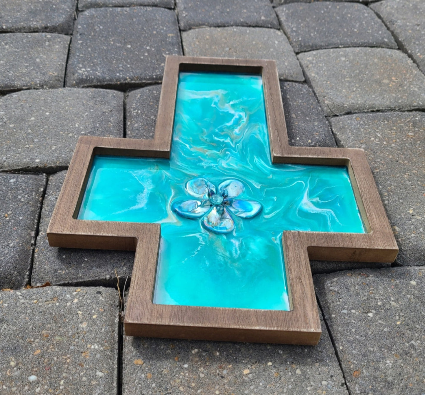 Turquoise and Teal Wall Cross, Wood and Resin
