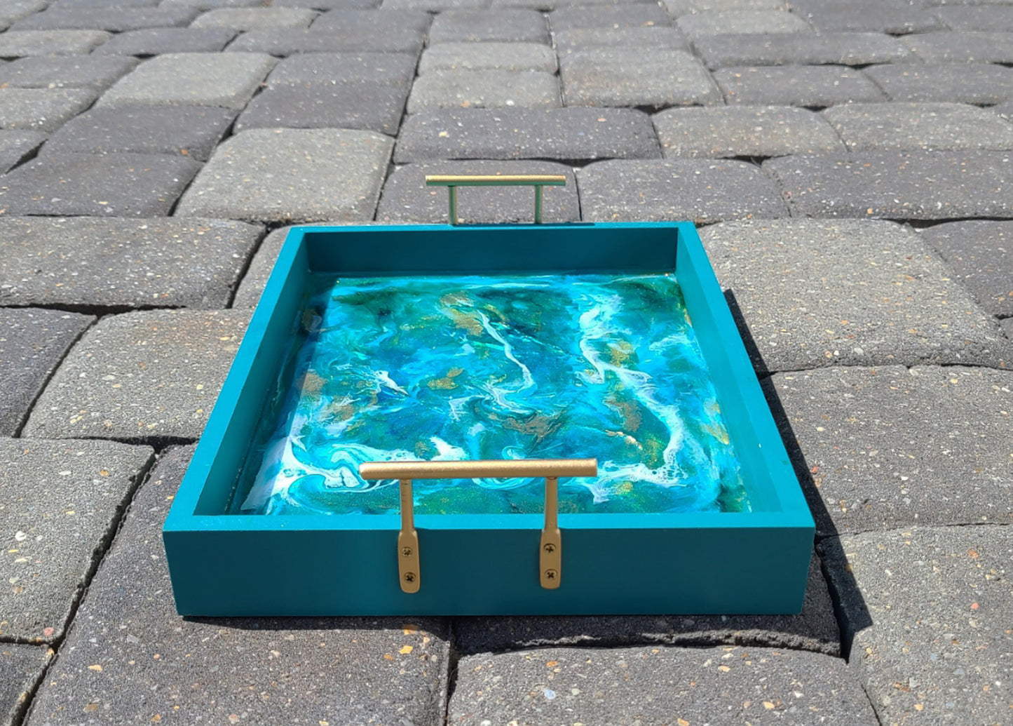 Turquoise and Gold Tray with Turbulent Resin Water Scene