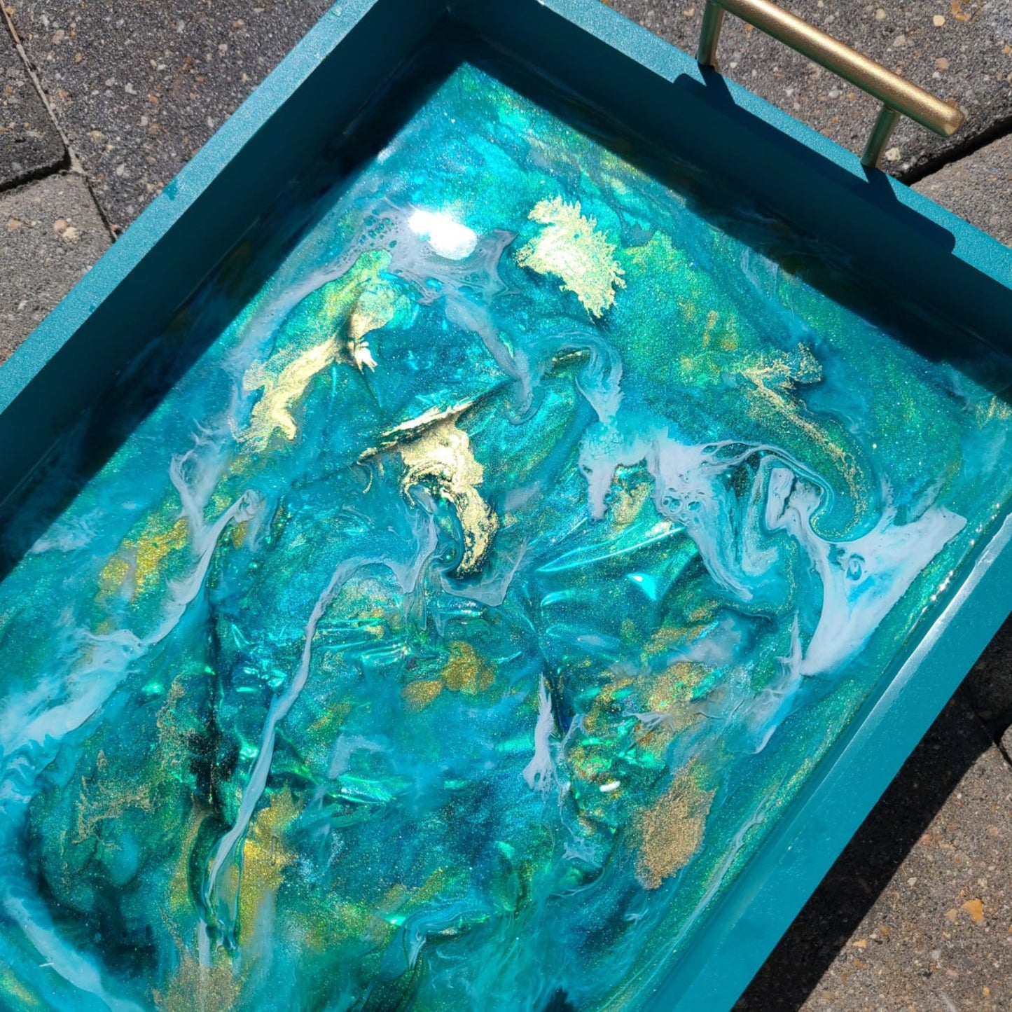 Turquoise and Gold Tray with Turbulent Resin Water Scene