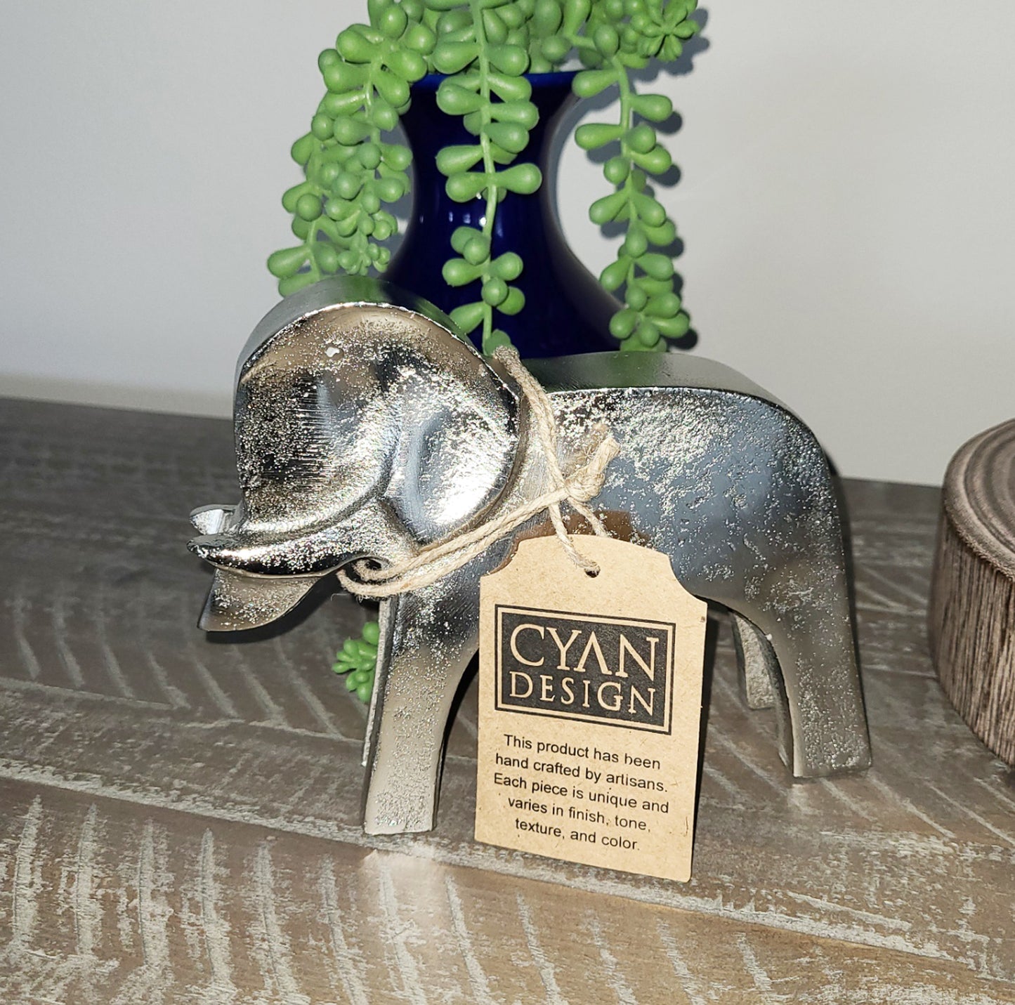 Baby Elephant Small Sculpture, Tusk, Tusk, Silver Tone, 6 inches Tall