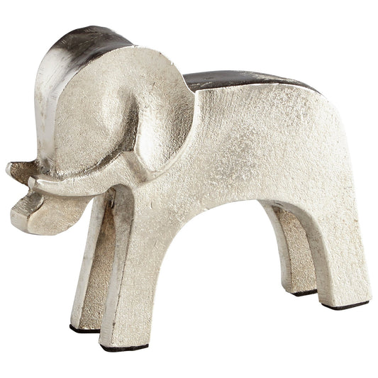 6 inch tall elephant. Rounded edges, head and trunk. Made of metal. Brushed Silver tone. Protective pads on feet to protect furniture. Weighs over 1 pound.