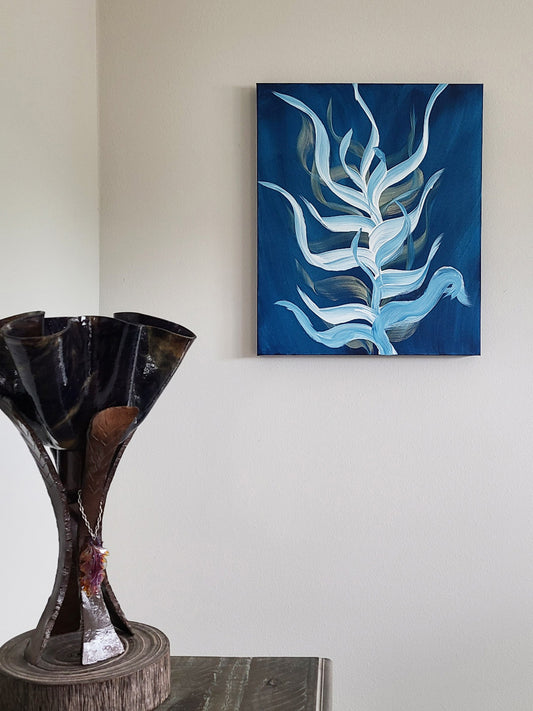 This is such a departure from my usual artwork. I loved creating this acrylic painting and will try more colors. The large plant almost glows from the sun shining through the depths as it's white and gold fronds sway in the blue waters. Deep Canvas doesn't need to be framed. Approximate size: 24 x 20 x 1.5