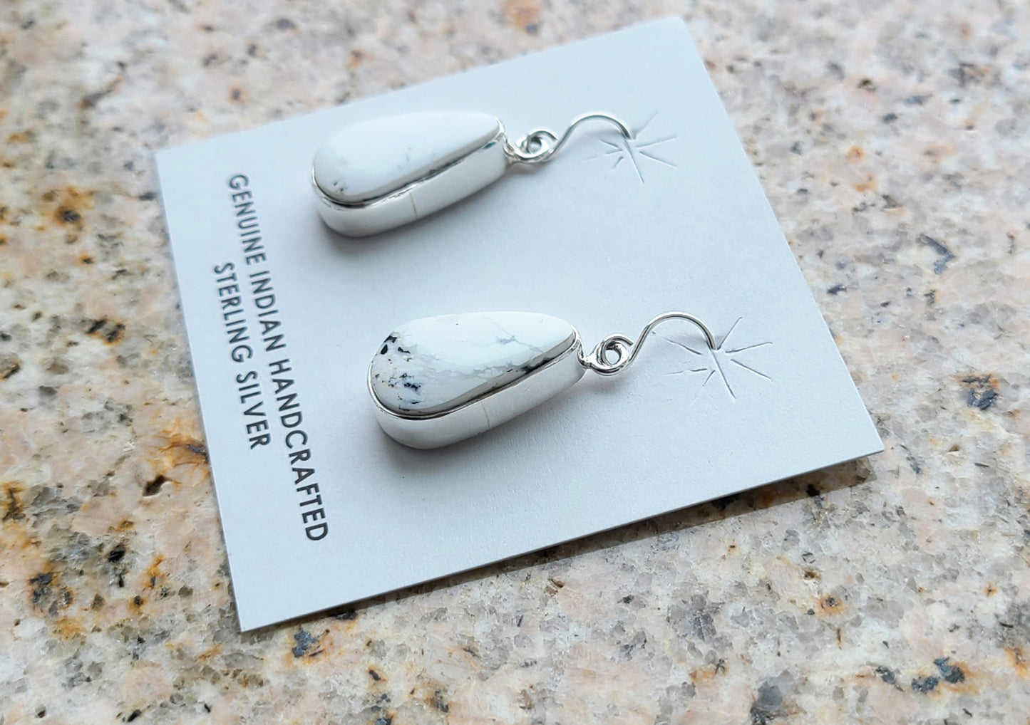Native American Earrings, White Buffalo Pear Shaped, French Hook Dangle
