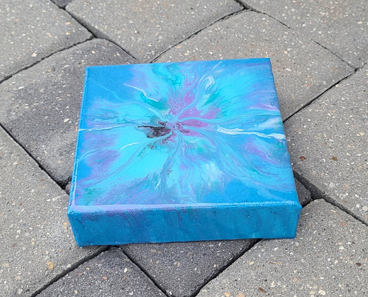 Wispy Bloom, Blues, Green, Purple, 6x6 Canvas, Acrylic Painting