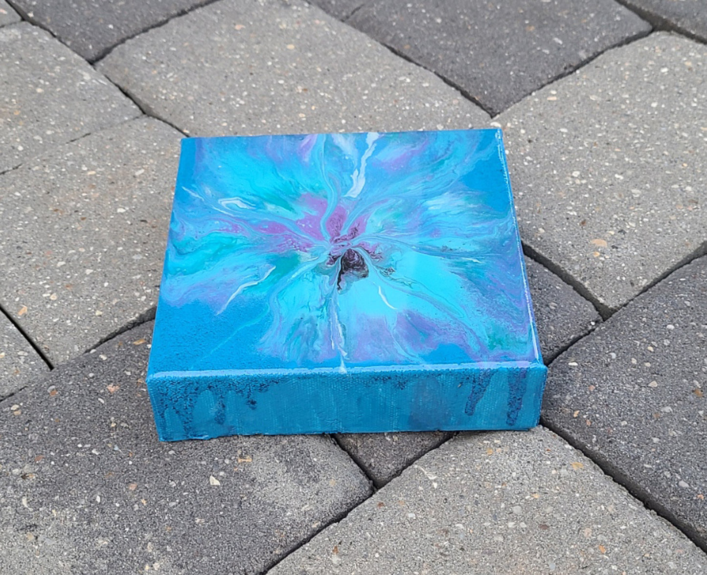 Wispy Bloom, Blues, Green, Purple, 6x6 Canvas, Acrylic Painting